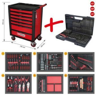 RACINGline черно-красная инструментальная тележка с 7 ящиками и комплектом из 598 инструментов премиум-класса 